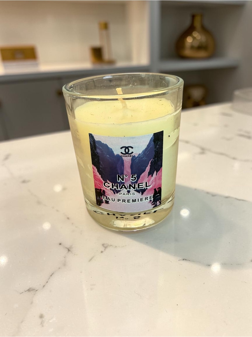 CHANEL N°5 Candle - Pale Yellow with Pink & Blue Label